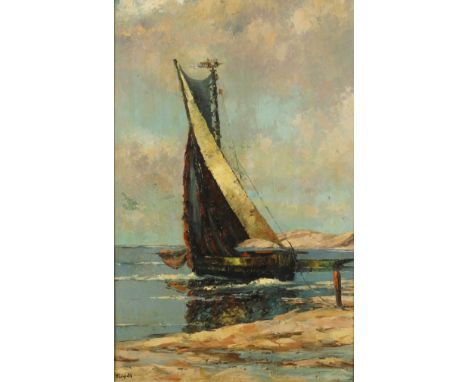 Leipold, Segelboot am StrandSegelboot bei Ebbe in flachem Wasser am Strand liegend, mit einem Seil an schmalem Holzpfahl ange