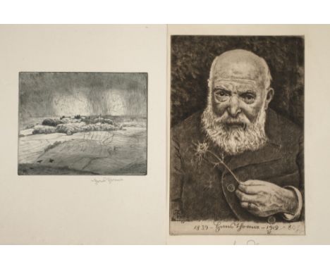 Hans Thoma, Zwei Radierungen"Landschaft mit Gewitter", Radierung in Blau, 1917, Darstellungsmaße ca. 12,5 x 15,7 cm und "Selb