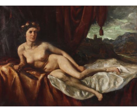 August Rieper "Judith"Darstellung einer nackten jungen Frau mit Rosenkranz im Haar, auf einem Diwan vor rotem Vorhang und Aus