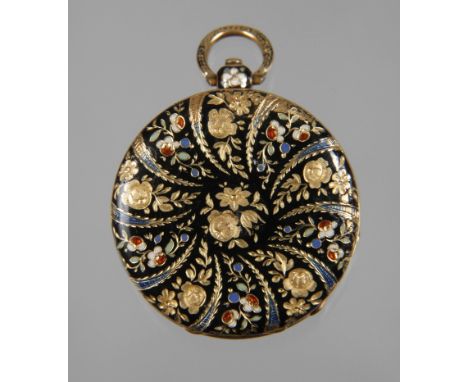 Schlüsseluhr Gold-EmailleSchweiz, um 1860, 14 k Gold geprüft, floral gravierter und feinst emaillierter mehrfarbiger Dekor au