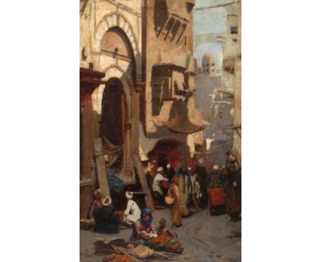 Rafael von Ambros, "In Kairo"enge belebte orientalische Gasse in Kairo mit geschäftigem Markttreiben, gering pastose Malerei,