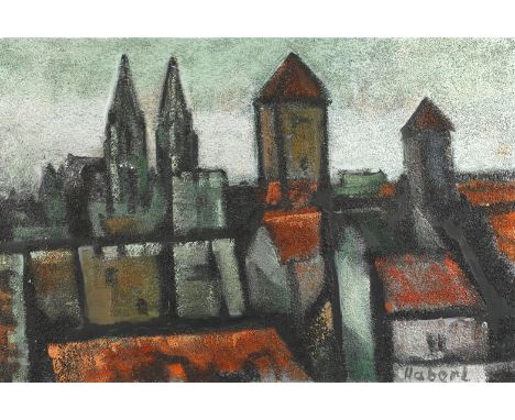 Karl Haberl, Ansicht von Regensburgexpressionistische Vedute der Regensburger Altstadt mit den charakteristischen Türmen des 