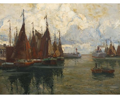 Erich Mercker, "Nordischer Fischerhafen"an einem bewölkten Tag lagern zahlreiche Segel- und Ruderboote im Hafen, ein Dampfsch