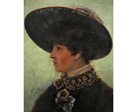 Julien Charle, DamenportraitBildnis einer elegant gekleideten Dame mit Hut und in die Ferne gerichtetem Blick vor grünem Grun