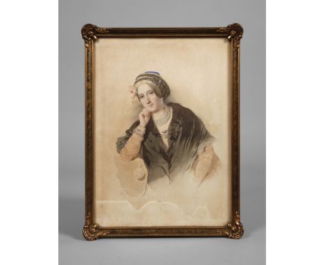Louis Fischer, attr., DamenportraitBildnis einer jungen Frau mit aufwendiger Frisur und zahlreichem Schmuck, mit freundlich z