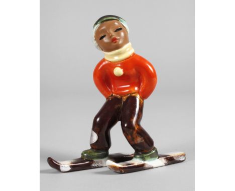 Goldscheider Wien SkifahrerinEntwurf Kurt Goebel um 1937/38, schwarze Stempelmarke 1922-1952, Zusatzstempel Made in Austria, 