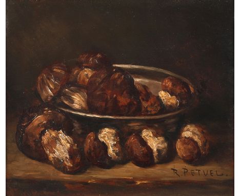 Rudolf Petuel, "Steinpilze"Küchenstillleben mit Steinpilzen in Metallschale, pastose impressionistische Malerei mit breitem P