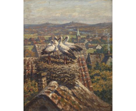 Franz Korwan, "Reisepläne"Gruppe von Störchen in ihren Nestern, auf einem Dachfirst hoch über der Stadt, im Hintergrund hügel