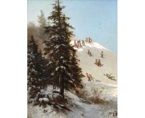 Karl Prestele, "Winter-Vergnügungen"rodelnde Kinder am steilen Hang in sonniger Winterlandschaft, poesievolle, pastose Genrem