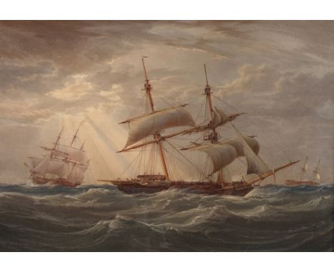 William Joy, attr., Segelschiffe auf hoher Seedrei Segelschiffe mit teils eingezogenen Segeln in aufgewühlter See, unter lock