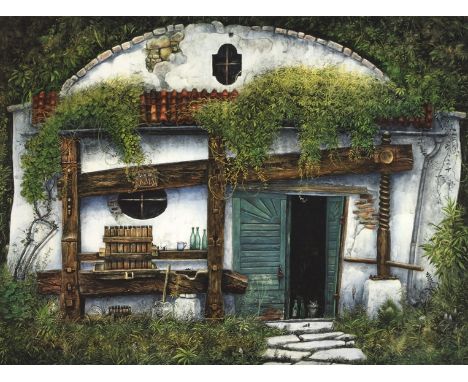 Karl Goldammer, Gartenhausverwunschenes Gartenhaus mit verbauten Resten einer historischen Weinpresse und in der Tür eine den