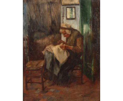 Adelbert Niemeyer, Frau in der Stubein einer norddeutschen oder auch flämisch anmutenden gefliesten Diele eine strickende Dam