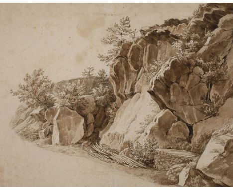 Eduard Leonhardi, attr., Am Felshangteils bewachsene schroffe Felskante mit gelagertem Scheitholz, gekonnte Naturstudie mit s