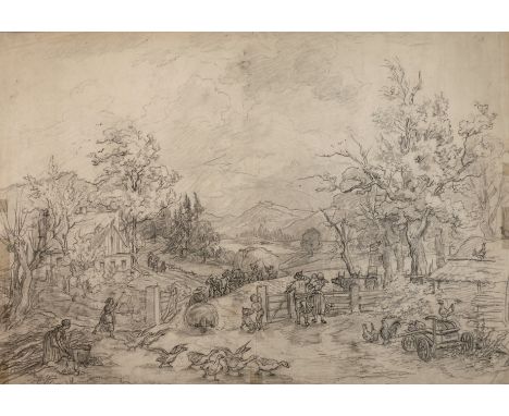 Ernst Hasse, attr., "Das heranziehende Gewitter"hügelige und teils bewaldete Landschaft mit allerlei Alltagsszenen wie Mädche