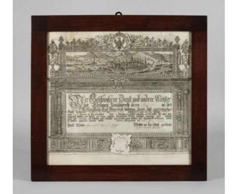 Arbeitszeugnis der Stadt Gengenbach von 1796prächtige klassizistische Arbeitsbescheinigung als Kupferstich auf Bütten mit han