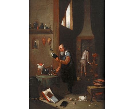 Der Alchimistälterer Herr im Laboratorium, beim Anrühren eines Gemenges nach der Rezeptur aus einem Buch, umgeben von allerle