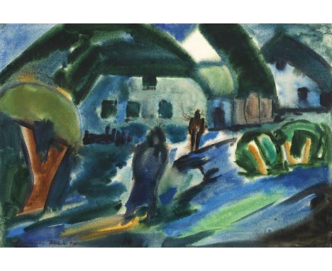 Günter Fink, Impression aus Hiddenseedrei mit Reet gedeckte Häusern an einer Dorfstraße, kraftvolles Aquarell, links unten si