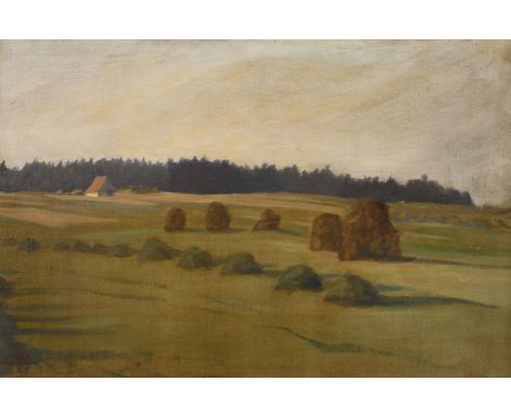 Hans von Volkmann, attr., Heuerntesommerlicher Blick in weite grüne Wiesenlandschaft mit Heureitern und Bauernhaus am Waldesr
