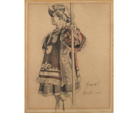 Anton von Werner, HeroldsstudieBildnis eines Mannes im mittelalterlichen Tappert mit Barett, wohl den Stab einer Standarte in