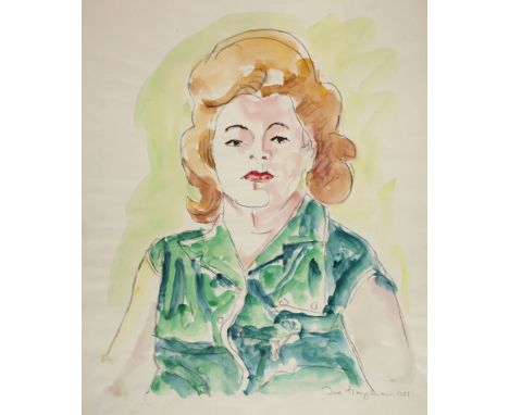 Prof. Ivo Hauptmann, Damenportraitden Betrachter anblickende Frau mit blondem Haar und grünem Kleid, Aquarell über Graphit, u