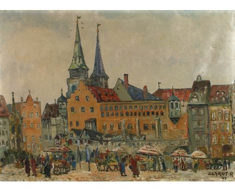 René Clarot, Markttag in Nürnbergsommerliches Markttreiben auf dem Hauptmarkt in Nürnberg vor der Zerstörung im 2. Weltkrieg,