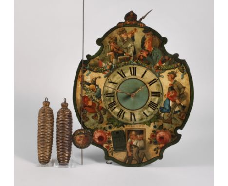 Große Wanduhr Schwarzwaldum 1900, mit humoristischen Szenen bemaltes Eisenschild signiert +R+M+B+, Holzplatinenwerk mit Halbs