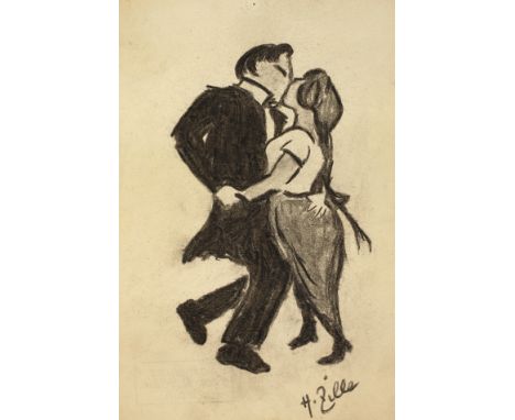 Heinrich Zille, Tanzendes Paarjunges, sich küssendes Paar beim Tanz, schwarze Kreide auf Papier, um 1910-15, rechts unten sig