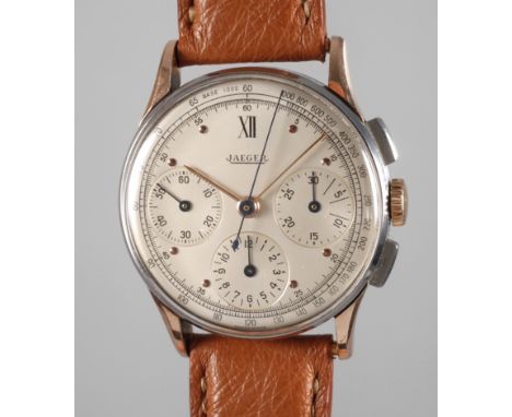 Vintage Herren-Armbanduhr Jaeger Schweiz, um 1950, Kaliber 287?, Gehäusenummer 22485, Chronograph mit Handaufzug in seltenem 