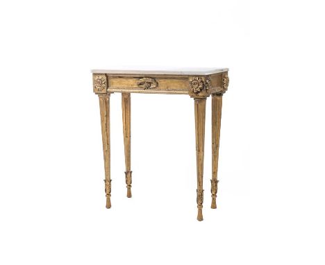 Console rectangulaire en bois doré, pieds fuseau, bandeau décoré de fleurs de tournesols et lauriers, dessus de marbre. H. 75