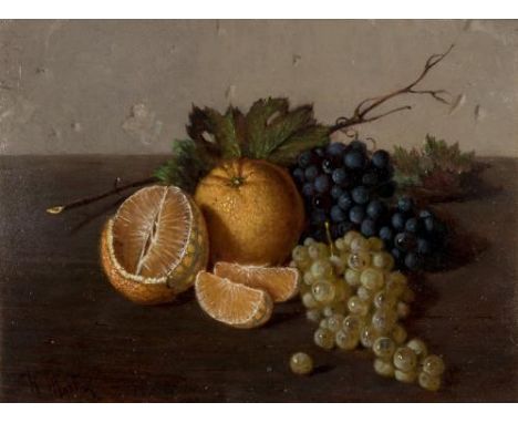 R. Martini (XXe), "Nature morte aux oranges et aux raisins".Huile sur isorel, s.b.g. 30x40 cm. Tableaux - EncadrésPaintingsGe