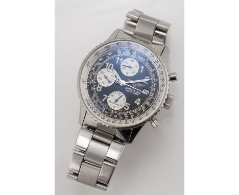 Breitling Navitimer, montre chronographe automatique, boîtier et bracelet en acier, cadran noir, 3 compteurs et guichet de da