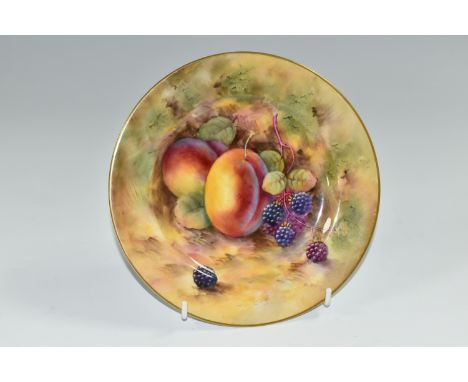 A ROYAL WORCESTER CABINET PLATE BY HARRY AYRTON, painted with plums and blackberries in a naturalistic setting, signed 'H. Ay