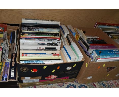 FOUR BOXES OF BOOKS containing approximately 130 miscellaneous titles in hardback and paperback formats, subjects include gar