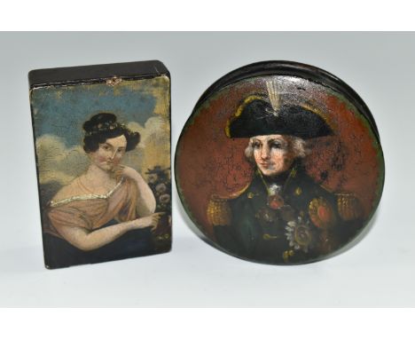 TWO 19TH CENTURY STYLE PAPIER MACHE SNUFF BOXES, the circular example with later? painted cover of Nelson and the interior of