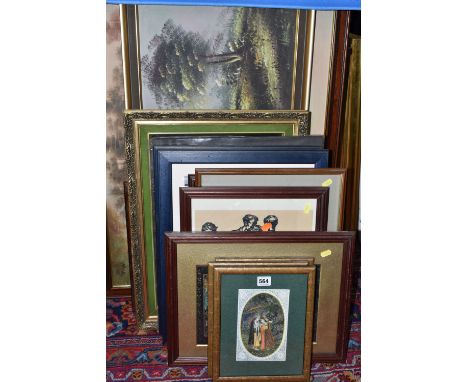 A SMALL QUANTITY OF PAINTINGS AND PRINTS ETC, comprising three modern Indian paintings on faux ivory with pierced borders, ap