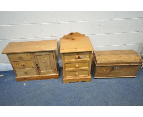 A SMALL VICTORIAN STYLE DOMED TOP TRUNK, width 69cm x depth 34cm x height 39cm, a pine cabinet with a single cupboard door an