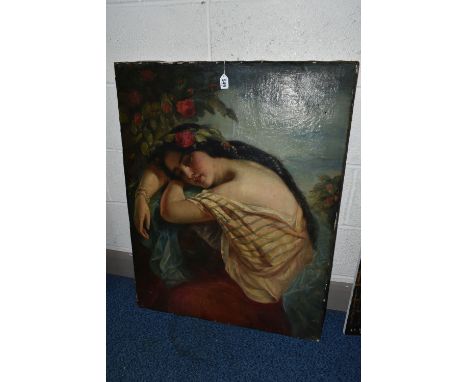 A VICTORIAN GENRE PORTRAIT OF A FEMALE FIGURE IN REPOSE, the sitter is shown in a seated pose and is wearing a silken top and