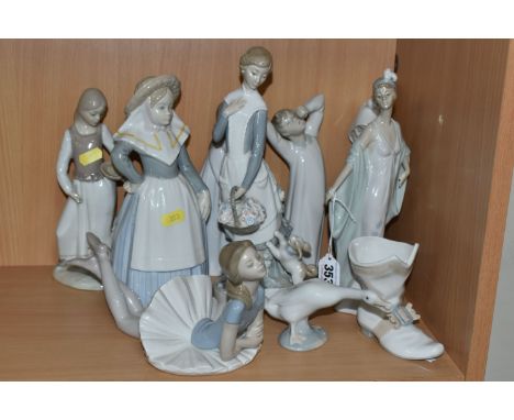 A GROUP OF TEN LLADRO, LLADRO NAO AND SIMILAR FIGURES, comprising 5787 'Sophisticate', 1359 'ballet Blue', 4768 'Shepherdess 