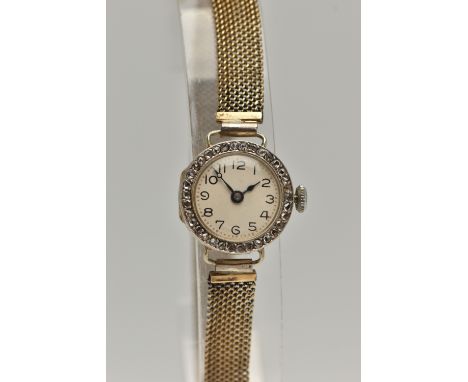 AN EARLY 20TH CENTURY LADYS 18CT GOLD AND DIAMOND WRISTWATCH, manual wind, round white dial, Arabic numerals, blue steel hand