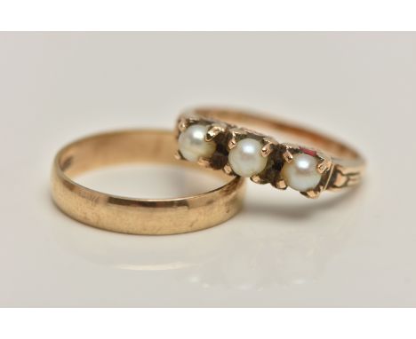 A 9CT GOLD BAND RING AND A YELLOW METAL SEED PEARL RING, polished band, hallmarked 9ct London, ring size Q, approximate gross