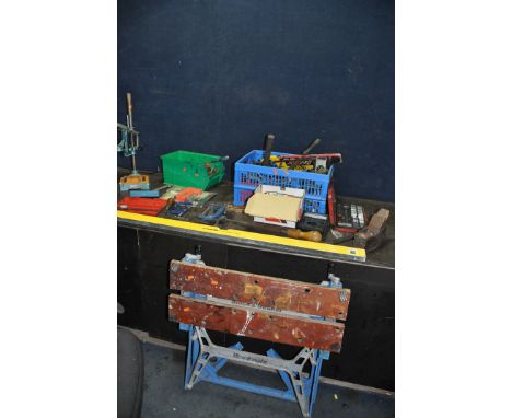 TWO TRAYS CONTAINING HAND TOOLS including a Mitutoyo Imperial dial caliper, a Clarke drill stand, three Record G clamps, a Co