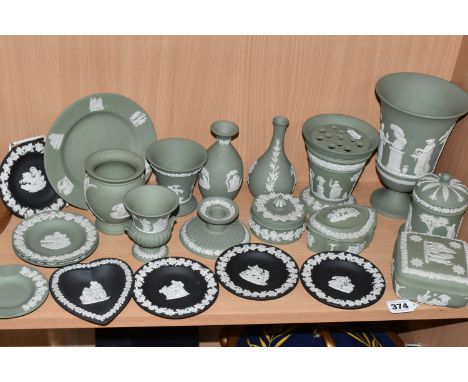 TWENTY ONE PIECES OF WEDGWOOD JASPERWARES, mainly sage green, with five black pin dishes, to include vases, tallest 19cm, a c