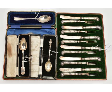 A CASED SET OF SIX EDWARDIAN SILVER PISTOL HANDLED DESSERT KNIVES AND FORKS, with spiral floral repoussé decoration, steel bl