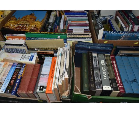 FIVE BOXES OF ASSORTED BOOKS, to include Folio Society titles, authors include Primo Levi, Pliny, Marcus Aurelius, Sebastian 