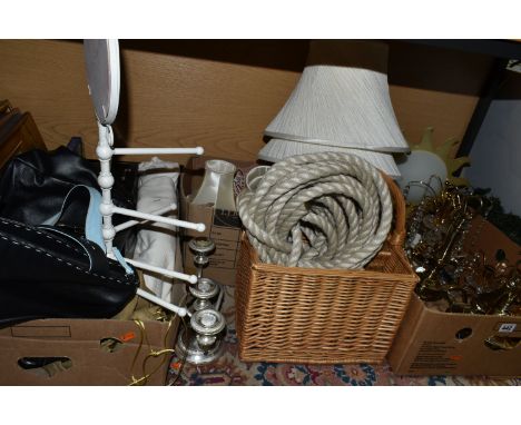 THREE BOXES AND LOOSE LIGHT FITTINGS, HANDBAGS, PICTURES AND SUNDRY ITEMS, to include several brass ceiling and wall light fi