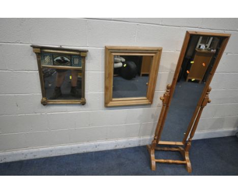 A REGENCY GILT FRAMED WALL MIRROR, 46cm x 57cm along with a pine cheval mirror, and another wall mirror (condition report: go