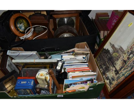 A BOX, A SUITCASE AND LOOSE OF CLOCKS, COLLECTABLES,FRAMED PRINTS, ETC, including a quantity of colour souvenir postcards, vi