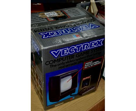 VECTREX GAME CONSOLE BOXED, games include Hyper Chase, Armour Attack (with screen overlay) and Soccer Football, includes two 