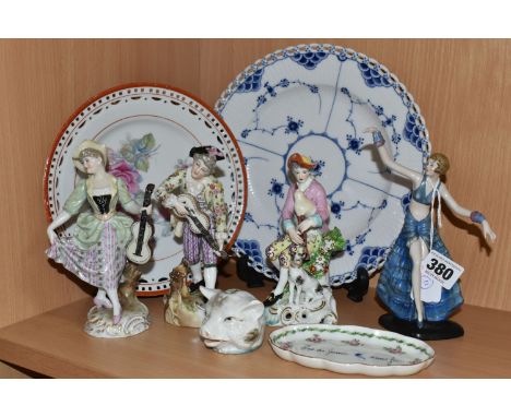 A SMALL GROUP OF LATE 19TH AND 20TH CENTURY CERAMICS, comprising an Art Deco porcelain figure of a female dancer, impressed 1