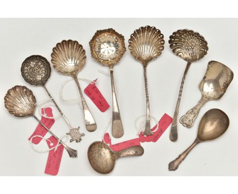 THREE SILVER CADDY SPOONS AND SIX SIFTER SPOONS, to include a 'George Unite' caddy spoon, hallmarked Birmingham, a 'W S Savag